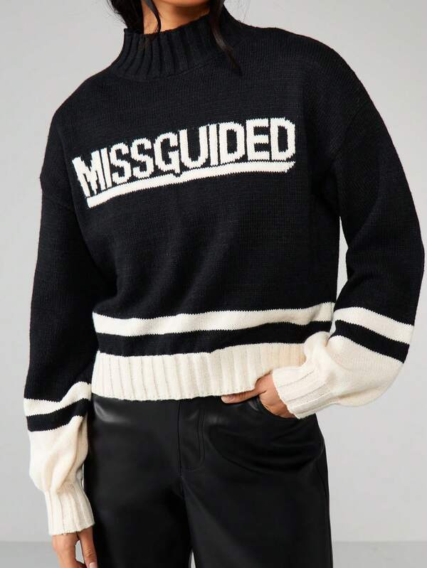 Missguided MISSGUIDED Chunky Knit Turtleneck Sweater With Stripes