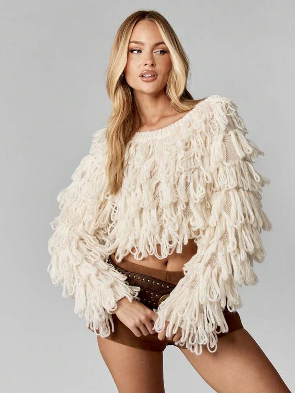 Missguided MISSGUIDED Chunky Loop Knit Sweater With Fringe Detail