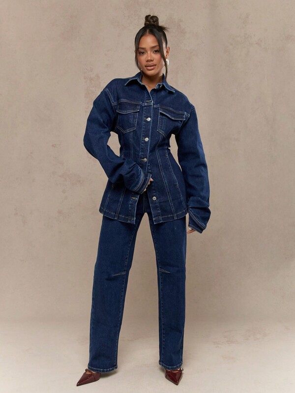 Missguided MISSGUIDED Cinched Waist Longline Denim Trucker Jacket