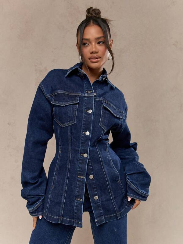 missguided MISSGUIDED Cinched Waist Longline Denim Trucker Jacket