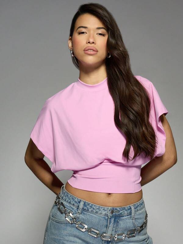 Missguided MISSGUIDED Cinched Waist Mock Neck Crop T Shirt