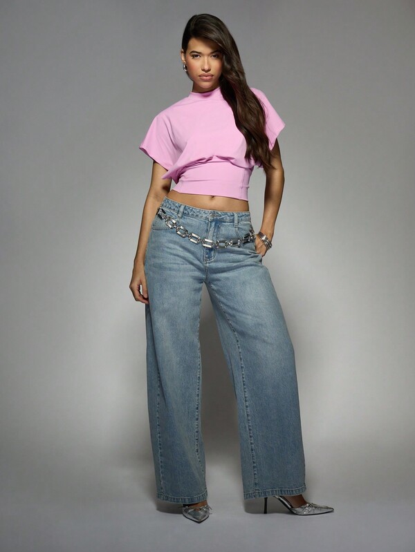 Missguided MISSGUIDED Cinched Waist Mock Neck Crop T Shirt