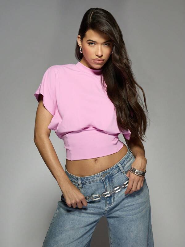 missguided MISSGUIDED Cinched Waist Mock Neck Crop T Shirt