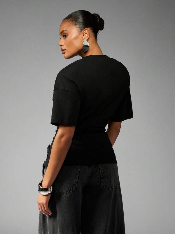 Missguided MISSGUIDED Cinched Waist T-Shirt With Crystal Beading Detail