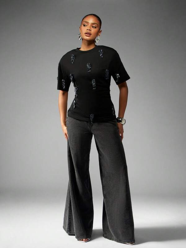 Missguided MISSGUIDED Cinched Waist T-Shirt With Crystal Beading Detail