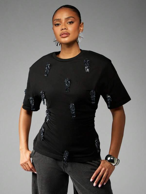 Missguided MISSGUIDED Cinched Waist T-Shirt With Crystal Beading Detail