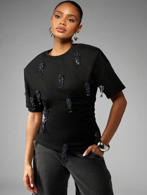 missguided MISSGUIDED Cinched Waist T-Shirt With Crystal Beading Detail