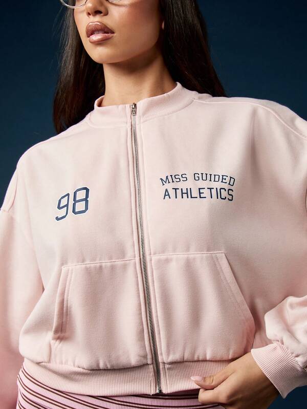 Missguided MISSGUIDED Classic Athletics Zip Through Sweatshirt With Varsity Numbers