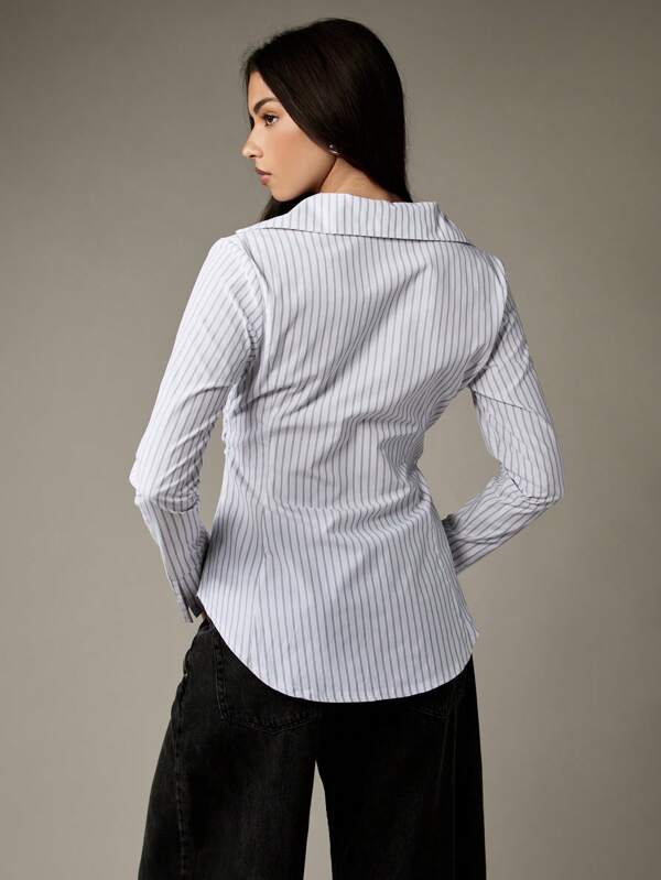 Missguided MISSGUIDED Classic Pinstripe Fitted Button Down Long Sleeve Blouse