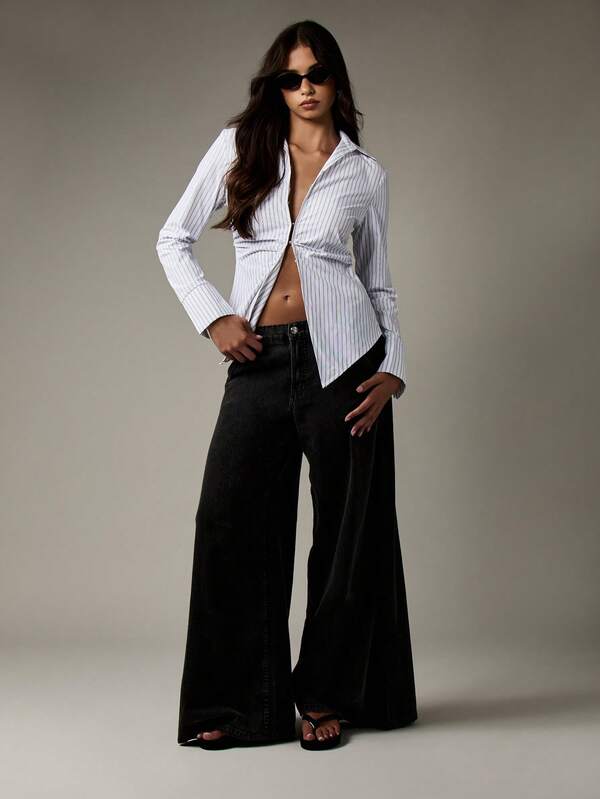 Missguided MISSGUIDED Classic Pinstripe Fitted Button Down Long Sleeve Blouse