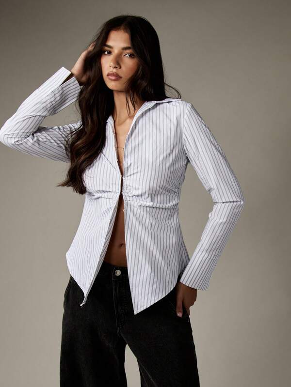 missguided MISSGUIDED Classic Pinstripe Fitted Button Down Long Sleeve Blouse