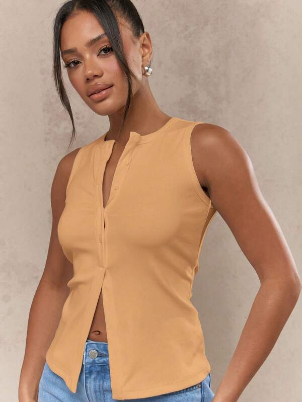 Missguided MISSGUIDED Classic Sleeveless Ribbed Fitted Button Down Tank Top
