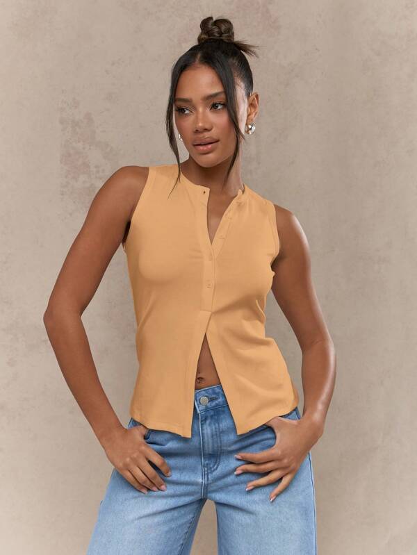 missguided MISSGUIDED Classic Sleeveless Ribbed Fitted Button Down Tank Top