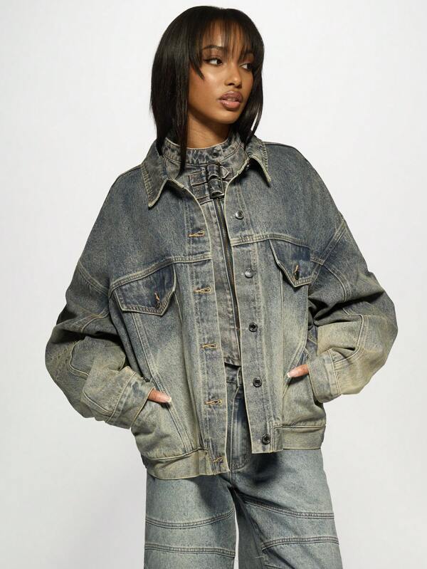 missguided MISSGUIDED Classic Trucker Button-Front Oversized Denim Jacket