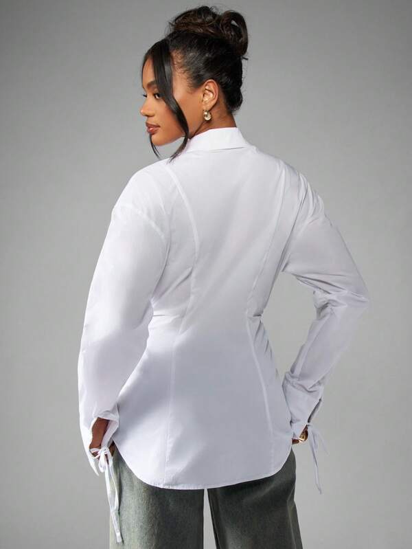 Missguided MISSGUIDED Classic White Button Down Blouse With Ruched Waist And Tie Cuff