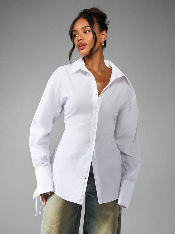 Missguided MISSGUIDED Classic White Button Down Blouse With Ruched Waist And Tie Cuff