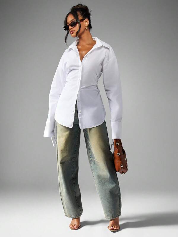 Missguided MISSGUIDED Classic White Button Down Blouse With Ruched Waist And Tie Cuff