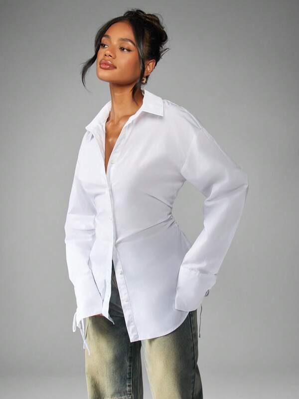 missguided MISSGUIDED Classic White Button Down Blouse With Ruched Waist And Tie Cuff