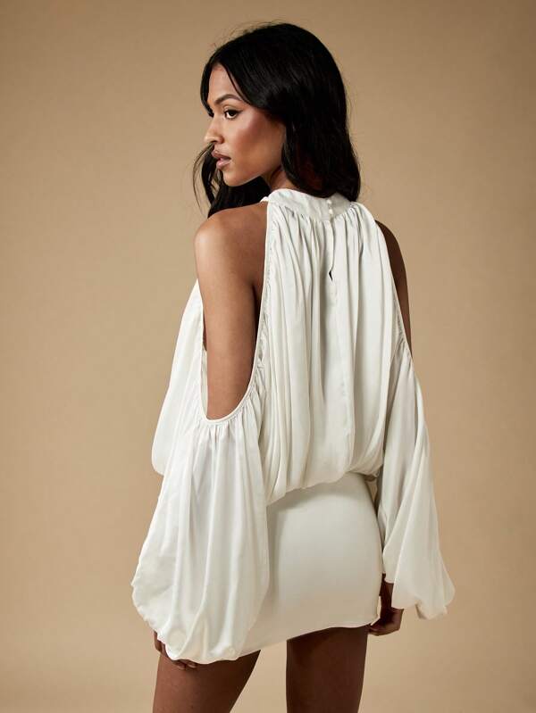 Missguided MISSGUIDED Cold Shoulder Halter Neck Bubble Sleeve Blouse