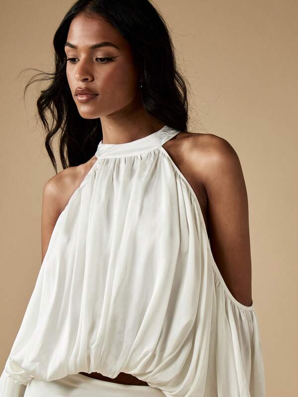 Missguided MISSGUIDED Cold Shoulder Halter Neck Bubble Sleeve Blouse