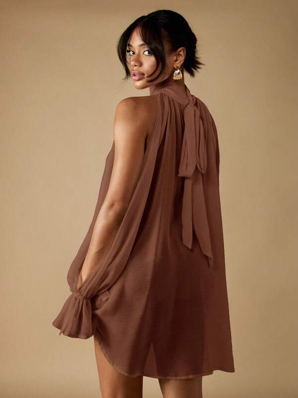 Missguided MISSGUIDED Cold Shoulder Mock Neck Balloon Sleeve Blouse