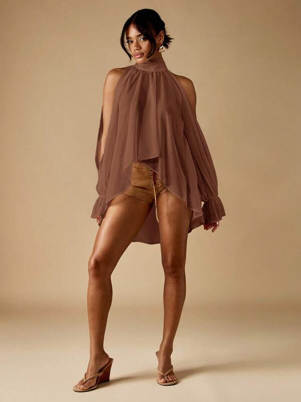 Missguided MISSGUIDED Cold Shoulder Mock Neck Balloon Sleeve Blouse