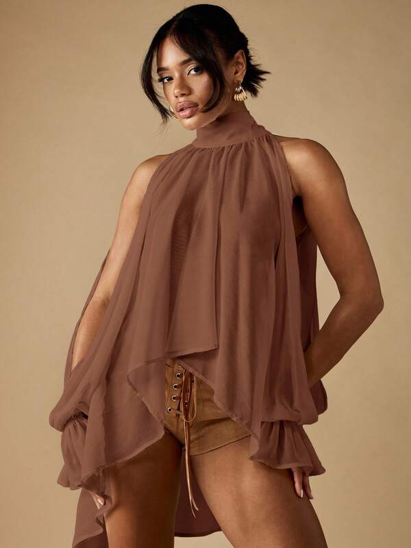 missguided MISSGUIDED Cold Shoulder Mock Neck Balloon Sleeve Blouse