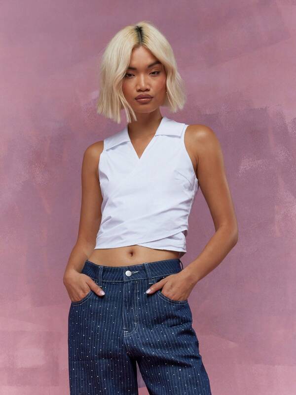missguided MISSGUIDED Collar Halter Neck Wrap Around Crop Top