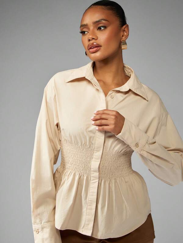 Missguided MISSGUIDED Collared Button Down Blouse With Smocked Waist