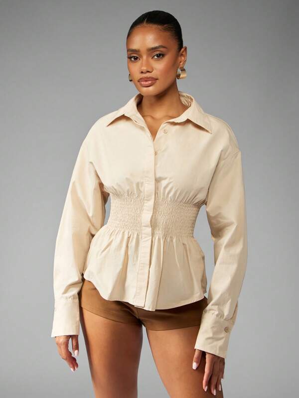 missguided MISSGUIDED Collared Button Down Blouse With Smocked Waist