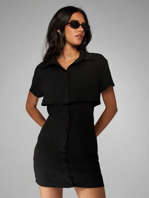 missguided MISSGUIDED Collared Button Down Mini Dress With Overlay Design