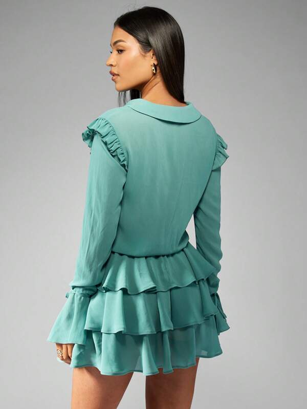 Missguided MISSGUIDED Collared Front Tie Tiered Skirt Mini Dress