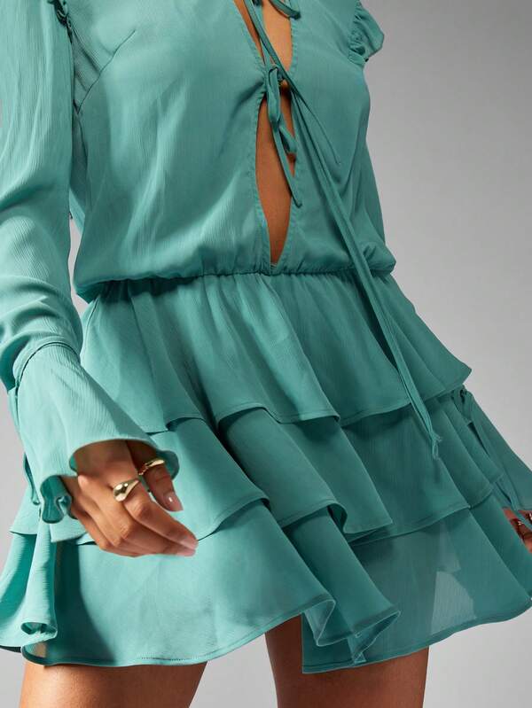 Missguided MISSGUIDED Collared Front Tie Tiered Skirt Mini Dress