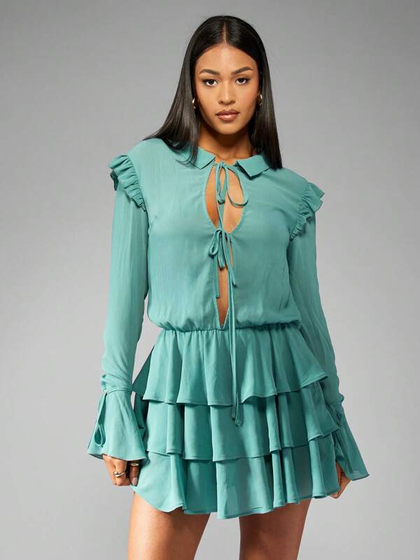 missguided MISSGUIDED Collared Front Tie Tiered Skirt Mini Dress