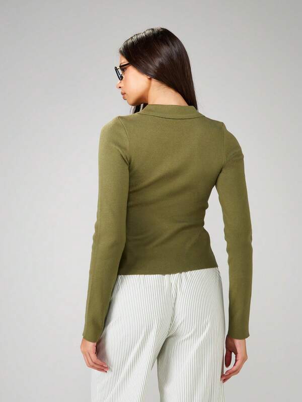 Missguided MISSGUIDED Collared Keyhole Button Front Ribbed Cardigan