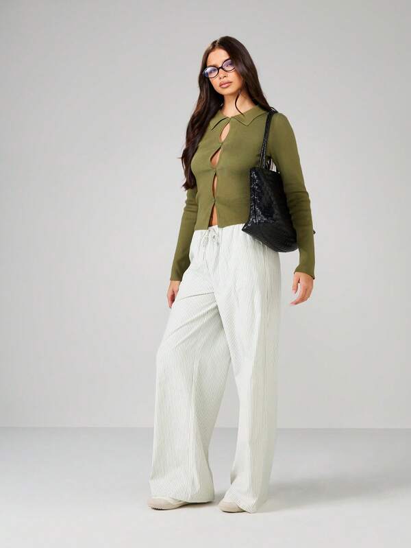 Missguided MISSGUIDED Collared Keyhole Button Front Ribbed Cardigan