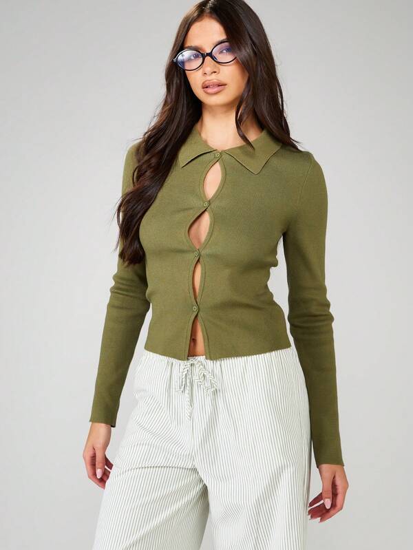 missguided MISSGUIDED Collared Keyhole Button Front Ribbed Cardigan