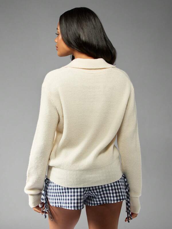 Missguided MISSGUIDED Collared Ribbed Knit Pullover With Button Details