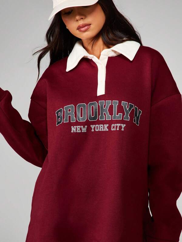 missguided MISSGUIDED Collared Sweatshirt With Brooklyn Print