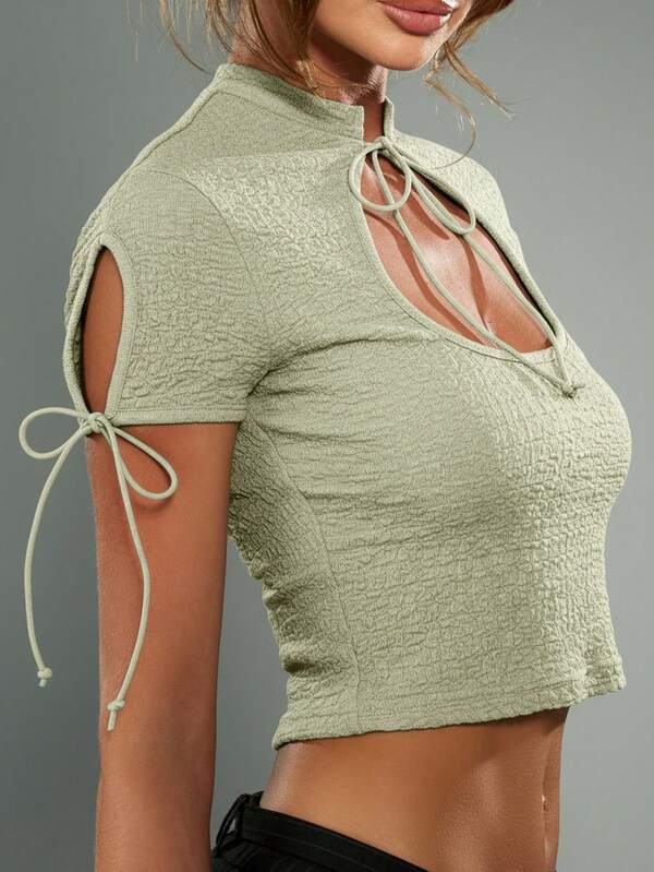 missguided MISSGUIDED Collared Textured Crop Top With Tie Details