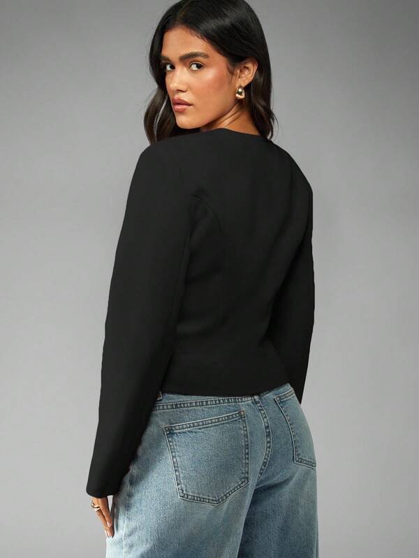 Missguided MISSGUIDED Collarless Cropped Blazer With Structured Shoulders Double Button