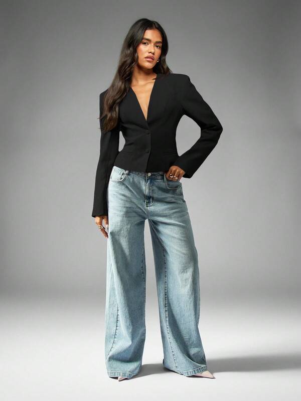 Missguided MISSGUIDED Collarless Cropped Blazer With Structured Shoulders Double Button