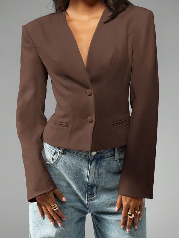 missguided MISSGUIDED Collarless Cropped Fitted Blazer With Double Button Front