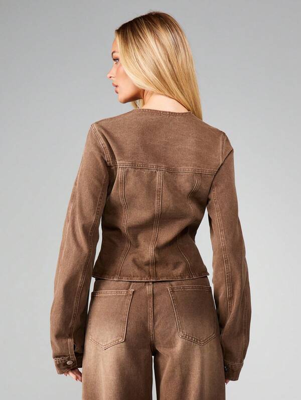 Missguided MISSGUIDED Collarless Peplum Hem Denim Jacket