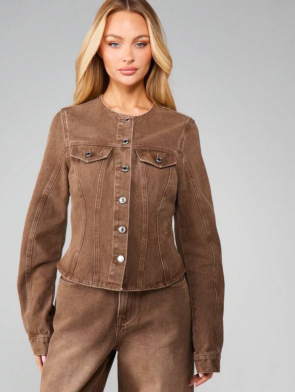 Missguided MISSGUIDED Collarless Peplum Hem Denim Jacket