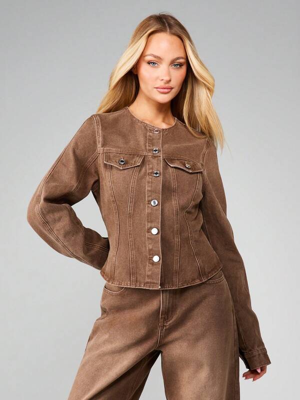 missguided MISSGUIDED Collarless Peplum Hem Denim Jacket