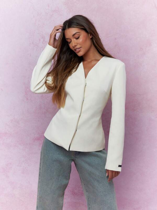 missguided MISSGUIDED Collarless V Neck Long Sleeves Fitted Jacket Winter Wear