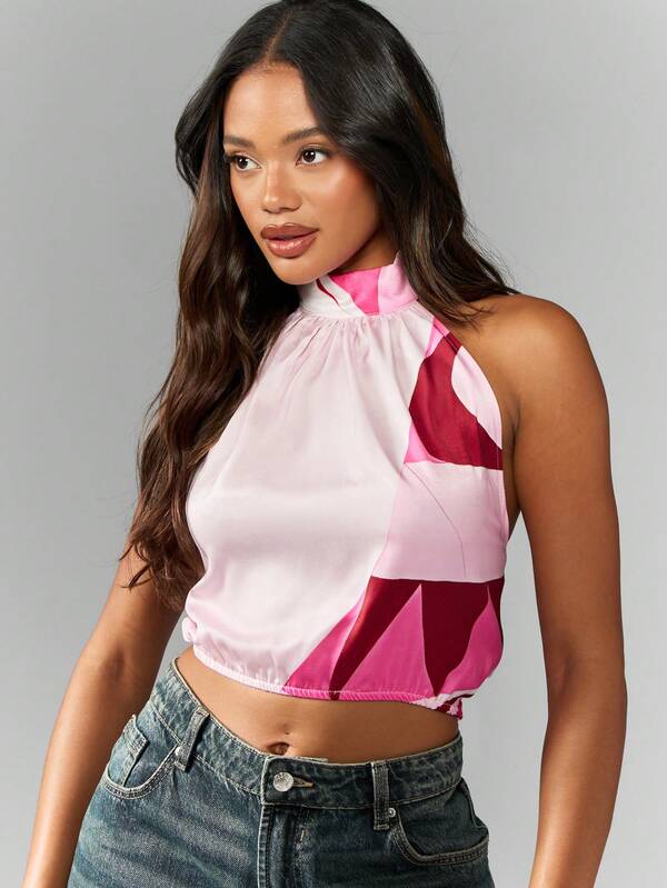 Missguided MISSGUIDED Color Block Abstract Pattern Halter Neck Crop Top