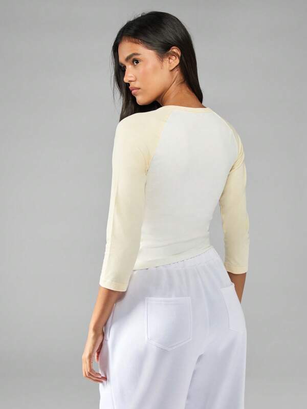 Missguided MISSGUIDED Color Block Three Quarter Sleeve Henley Top With Button Detail