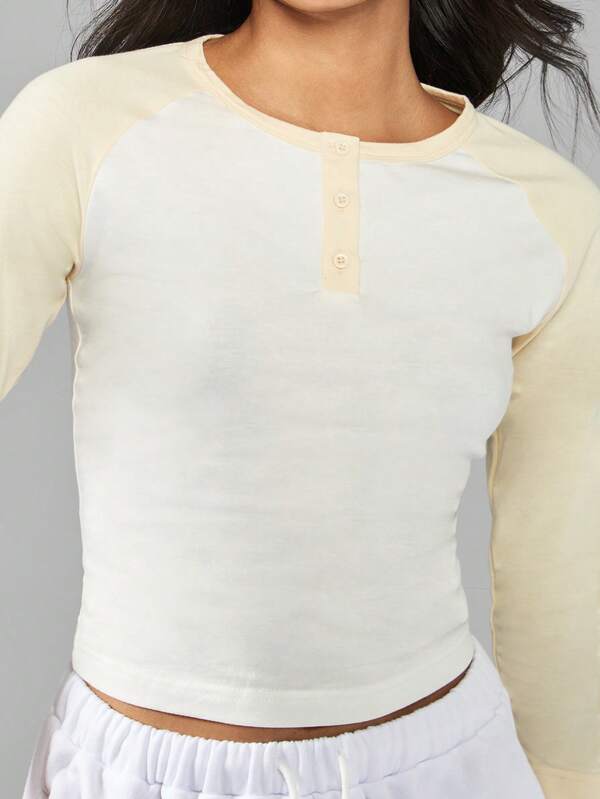 Missguided MISSGUIDED Color Block Three Quarter Sleeve Henley Top With Button Detail